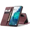 A red leather flip case for a Samsung Galaxy S20 FE phone, shown open with the phone inside and cards and cash in the wallet section. Produktbild-Vorschau