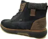 A side view of a blue leather boot with brown accents and a gray knitted collar. Voir les images du produit