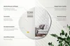 A circular mirror is shown with various features highlighted by text labels and lines pointing to different parts of the mirror and its reflection. The reflection shows a modern living room scene with a sofa and blanket. Green leaves are visible in the for Produktbild-Vorschau