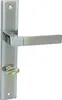 A silver-colored door handle set with a rectangular plate and a lever-style handle is shown against a white background. Produktbild-Vorschau