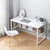 A white computer desk with shelves, a white chair, and various items on the desk. Podgląd zdjęcia produktu