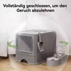 A gray cat litter box with a scoop and a water dispenser next to it, on a wooden floor with a white wall in the background. Produktbild-Vorschau