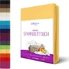 A yellow fitted sheet is shown on a white background, with a side panel displaying various colors of fitted sheets. Produktbild-Vorschau