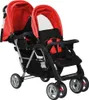 A red and black tandem stroller against a white background. Náhled obrázku produktu