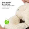 Close-up of a fluffy, cream-colored product, possibly a hand warmer or stroller muff, with text overlays describing its features. Anteprima dell’immagine prodotto