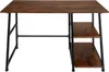 A desk with a brown wood-like finish and black metal legs and shelving, presented against a white background. Náhled obrázku produktu