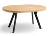 A round dining table with a wood-look top and black metal legs, shown against a white background. Produktbild-Vorschau