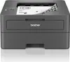A gray Brother laser printer with a sheet of paper partially fed into the top. Produktbild-Vorschau