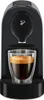 A black Tchibo Cafissimo coffee machine with a glass of espresso. Produktbild-Vorschau