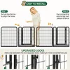 An instructional image showing how to assemble a dog fence, with steps and close-ups of the locking mechanism. Podgląd zdjęcia produktu