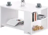 A white coffee table with storage shelves, featuring books, magazines, and decorative items. Produktbild-Vorschau