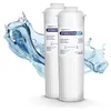 Two white water filter cartridges are displayed against a white background with water splashes on the left and right. Produktbild-Vorschau