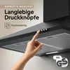 A close-up of a person's hand touching the control buttons of a black kitchen range hood. Produktbild-Vorschau