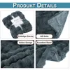 A collage of four images showcasing a dark gray plush blanket from different angles and close-ups, with German text labels. Produktbild-Vorschau