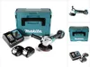 A Makita cordless angle grinder kit is displayed on a white background, including the grinder, two batteries, a charger, and a teal storage case. Produktbild-Vorschau