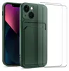 A dark green iPhone 13 Mini case with a cardholder slot and a clear screen protector are shown.