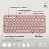 A pink Logitech Pebble 2 Combo keyboard with various annotations and icons indicating features and compatibility. Produktbild-Vorschau