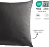 A close-up of a dark gray pillow with various certifications and feature descriptions on the right side. Produktbild-Vorschau