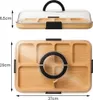 A top and side view of a bamboo serving tray with a clear lid and compartments. Produktbild-Vorschau