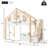 A diagram showing the dimensions of a children's loft bed with a house design and stairs. Produktbild-Vorschau