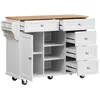 A white kitchen cart with a wooden top, open shelves, and drawers, shown from a slightly angled front view. Anteprima dell’immagine prodotto