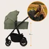 A woman is shown interacting with a stroller in a circular inset, while the main image displays the stroller with a size indicator. Produktbild-Vorschau