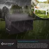 A garden bench covered by a protective cover during a rainstorm, with a separate inset image of a white garden bench in a sunny garden. Produktbild-Vorschau