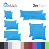 A collection of blue pillowcases of various sizes arranged on a white background, with a brand logo and text overlay. Produktbild-Vorschau