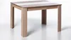 A square dining table with a wood-grain finish and a striped top, shown against a white background. Produktbild-Vorschau