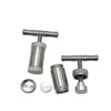 Two metal pollen presses and their components are arranged on a white background. Produktbild-Vorschau