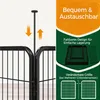 Close-up of a black metal pet gate with text overlays describing its features. Produktbild-Vorschau