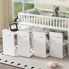 A child's loft bed with integrated storage and a desk, set up in a room with a window view. Produktbild-Vorschau