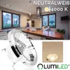 A modern kitchen with a person walking in the background, and a close-up of an LED lamp in the foreground. Produktbild-Vorschau