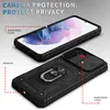 A black phone case with a ring holder and camera cover is shown from two angles, with callouts highlighting features. Produktbild-Vorschau