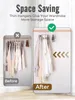 Comparison of wardrobe space before and after using thin hangers. Left side shows a cramped wardrobe with bulky hangers, labeled 'Before'. Right side shows a more organized and spacious wardrobe with thin hangers, labeled 'After'. Produktbild-Vorschau
