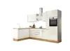 A modern, L-shaped kitchen unit with white high-gloss cabinets and a wood-effect base. Produktbild-Vorschau