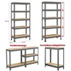 A collage of images showing different configurations and dimensions of a metal shelving unit. Produktbild-Vorschau
