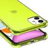 A close-up, angled view of a neon yellow transparent iPhone case with reinforced corners, placed over another phone. Anteprima dell’immagine prodotto