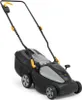 A black and gray electric lawnmower with yellow accents is shown against a white background. Produktbild-Vorschau