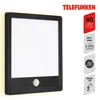 A black Telefunken LED outdoor wall lamp with a white illuminated panel and a motion sensor is shown against a white background. To the right, there are marketing graphics detailing the product's features. Produktbild-Vorschau