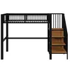A black metal loft bed with wooden steps and shelves, shown against a white background. Náhled obrázku produktu