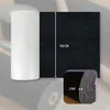 A roll of white material is shown next to a black sheet of material with dimensions indicated. A close-up inset shows the thickness of the black material. Produktbild-Vorschau