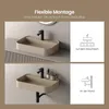 Two images showing a beige sink mounted in two different ways: on a countertop and on a wall, with accompanying diagrams and text. Voir les images du produit