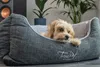 A small dog is resting comfortably in a gray dog bed, with plants and a speaker in the background. Produktbild-Vorschau