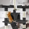 A cat is playing on a multi-level cat tree with scratching posts and toys. Náhled obrázku produktu