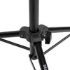 A close-up view of the base of a black metal stand, showing its adjustable joints and legs. Produktbild-Vorschau