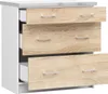 A white and wood grain chest of drawers with three drawers, one of which is partially open. Náhľad obrázku produktu