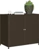 A brown poly rattan garden cabinet with two doors and silver handles, topped with a potted plant and two books. Podgląd zdjęcia produktu
