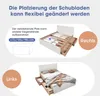 A diagram illustrating the flexible placement of drawers in a bed frame, with a second image showing the assembled bed with drawers open. Produktbild-Vorschau
