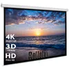 A projection screen displaying a sunset over the ocean with text overlays indicating product features. Produktbild-Vorschau